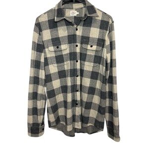 Faherty Men's Legend Sweater Button Down Shirt tan and charcoal buffalo sz small